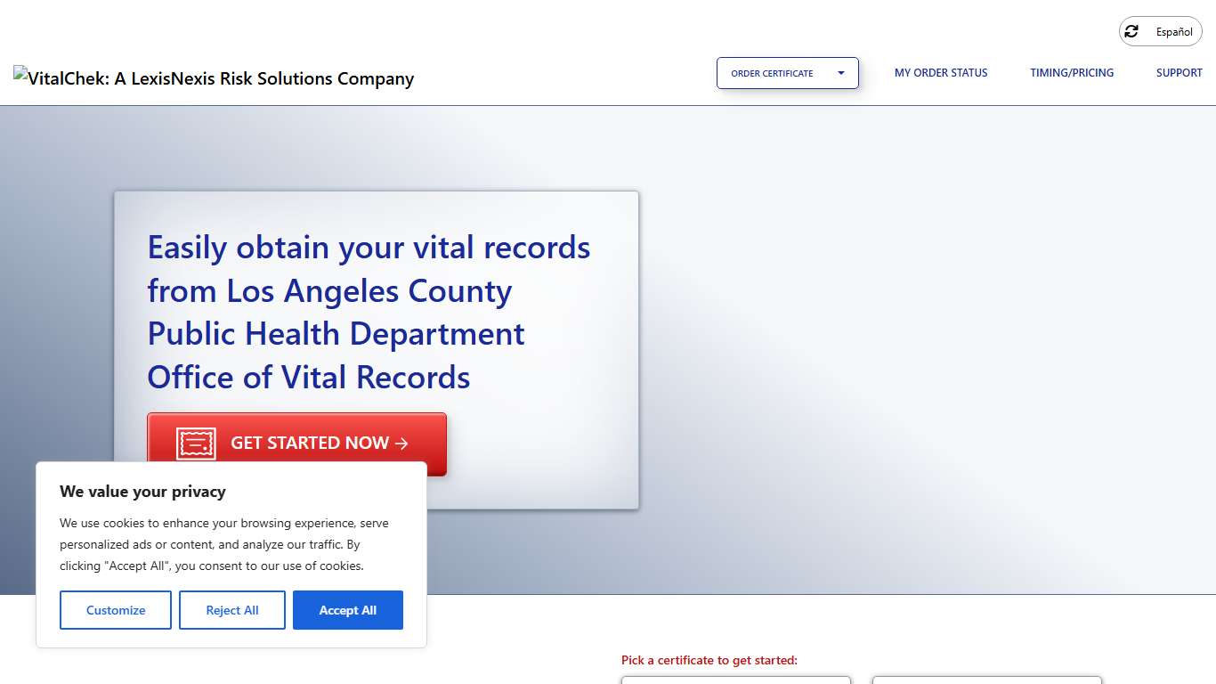 Los Angeles County Public Health Department Office of Vital Records (CA) | Order Certificates - VitalChek
